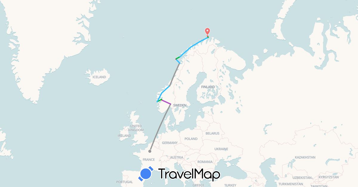 TravelMap itinerary: bus, plane, train, hiking, boat in France, Norway (Europe)